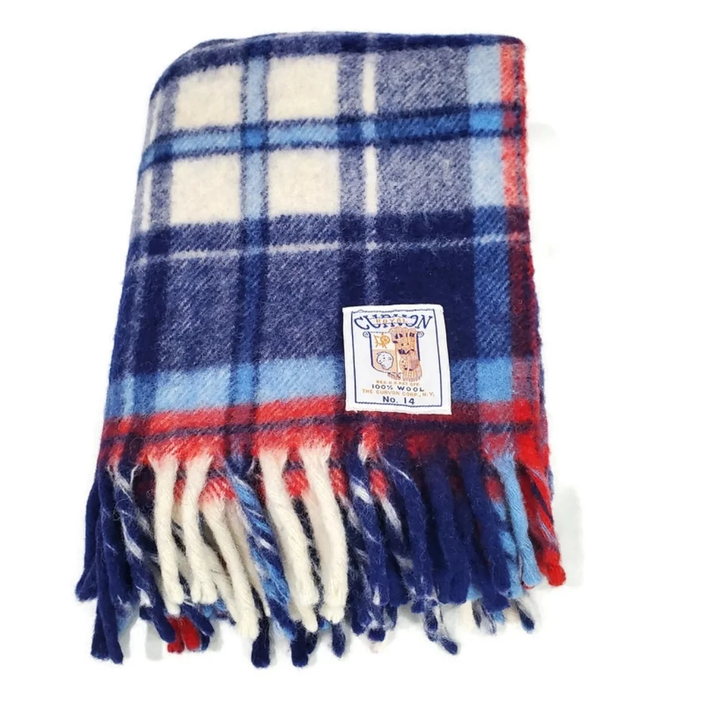 Vintage Curvon Royal Pure Wool Blue Plaid Lap Blanket 34.5